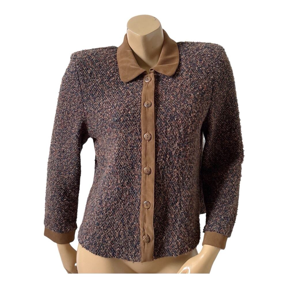 Vintage Megan Lee Sweater Womens Petite 12P Boucle Cardigan Brown Button Front